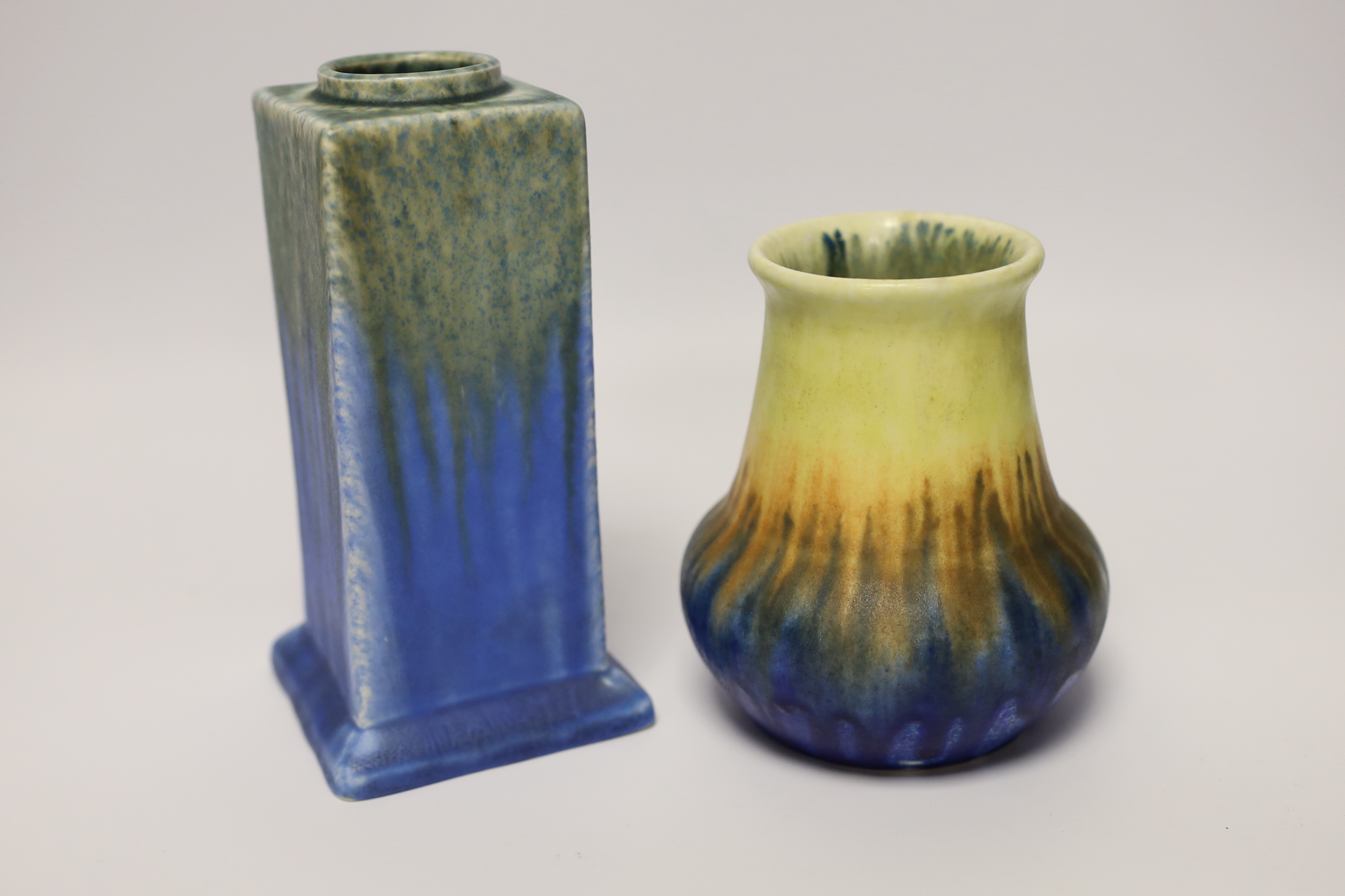 Two Ruskin pottery crystalline vases, each signed to bases, largest 17cm high